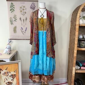 Ariella Blue Mesh Striped Midi Skirt Boho Hippie Whimsy Twee Y2k Fairy Mermaid S